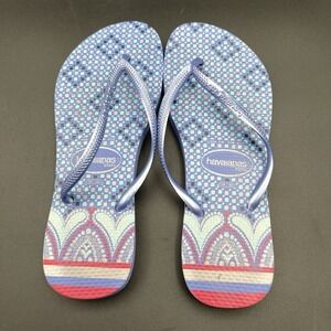 Havaianas Slim Flip Flops Blue Mosaic Tile Print Sandals Women's US 7/8